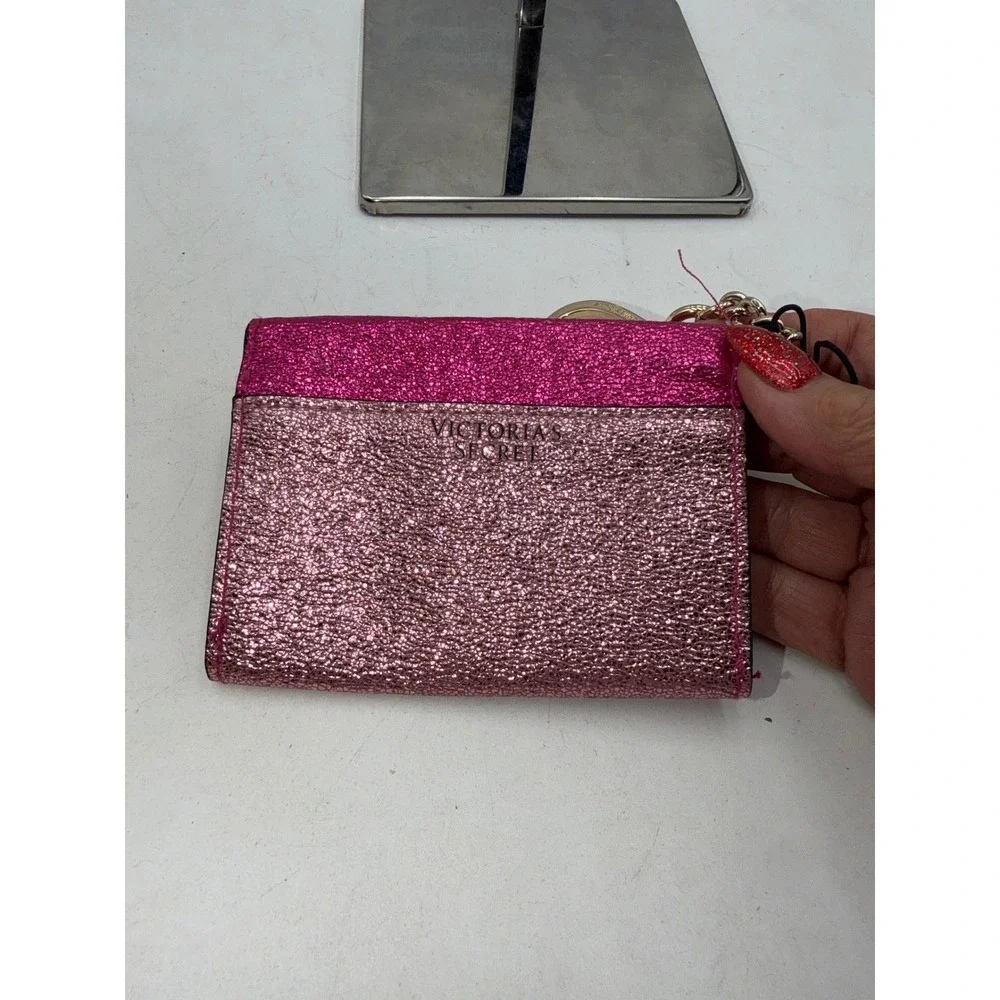 Victorias Secret Pink Glitter Envelope Card Case Red Lips Keychain Wallet